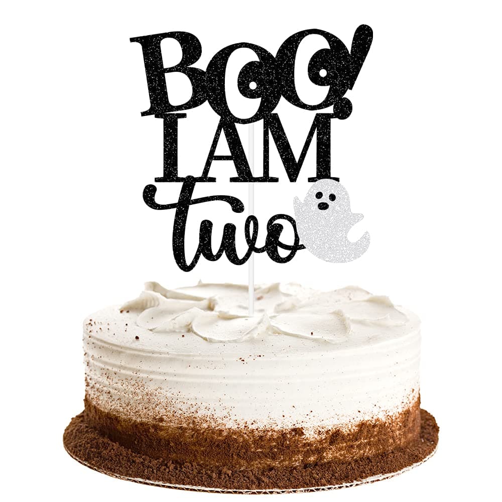 Boo I'm Two Cake Topper Black Glitter- Halloween 2nd Birthday Cake Topper, Halloween Birthday Cake Decorations With Ghost, Halloween 2nd Birthday Party Decorations, Here for the Boos Decorations