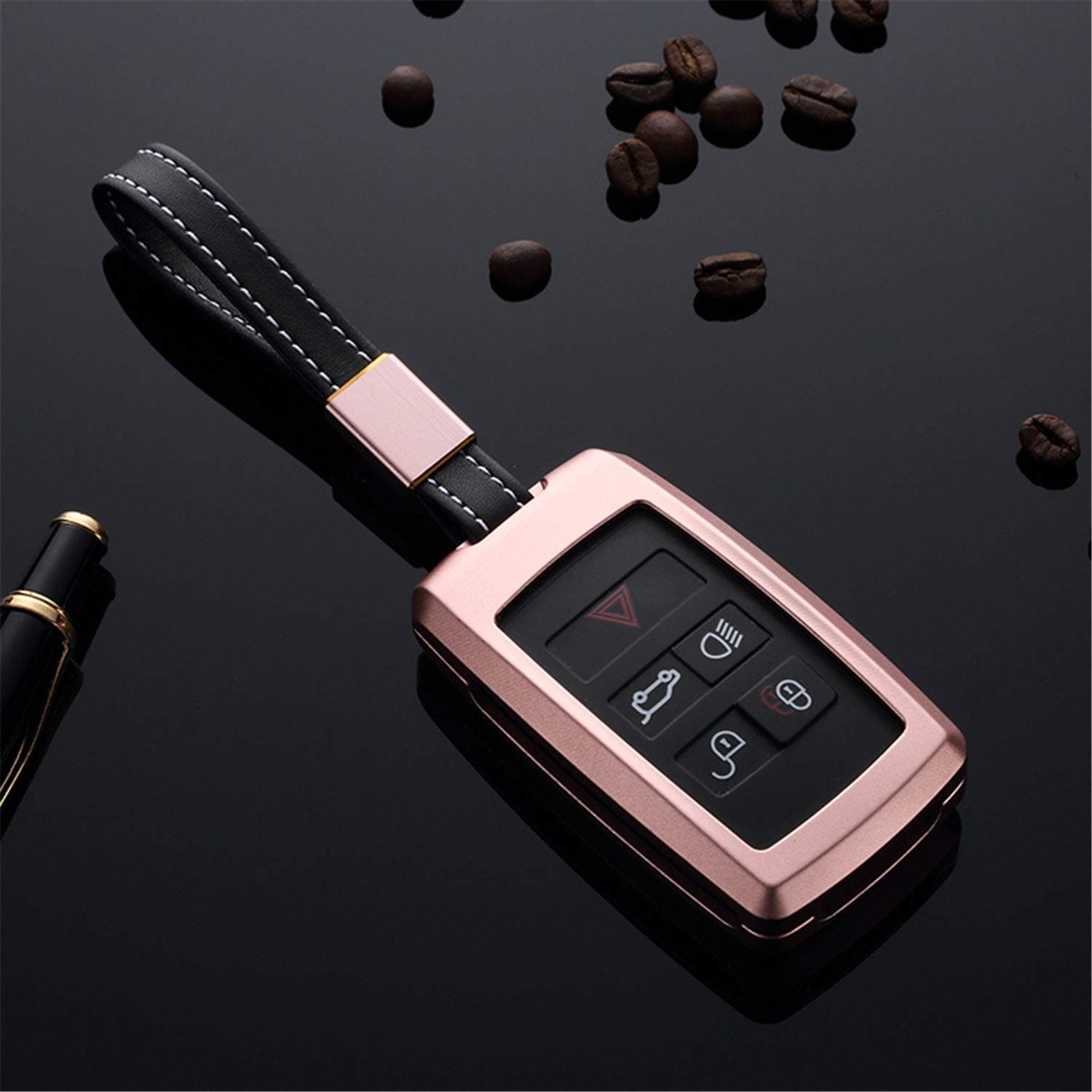 New Car Key Fob Cover for Land Rover Discovery 5 Range Rover Evoque Sport Vogue for Jaguar E-PACE I-PACE Smart Remote Key, Aluminum Car Key Case Cover Protector with Wrist Lanyard - Pink