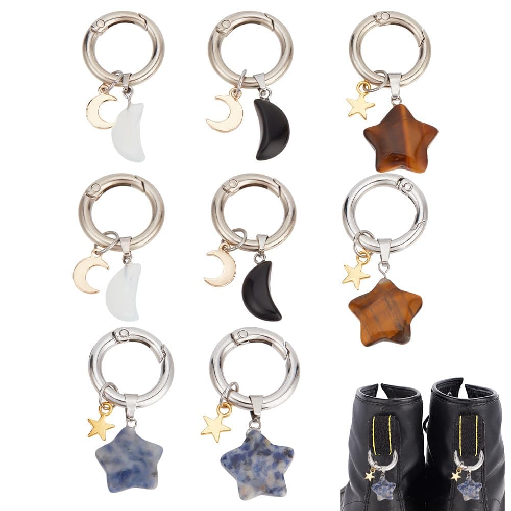 DELORIGIN8pcs Moon and Star Shoe Charms, 4 Styles Natural Gemstone Boot Charm Pendant Shoes Clips Hanging Decoration Shoe Buckles Pendant with Ring for Keychain Birthday Gift Bag Shoes Decor