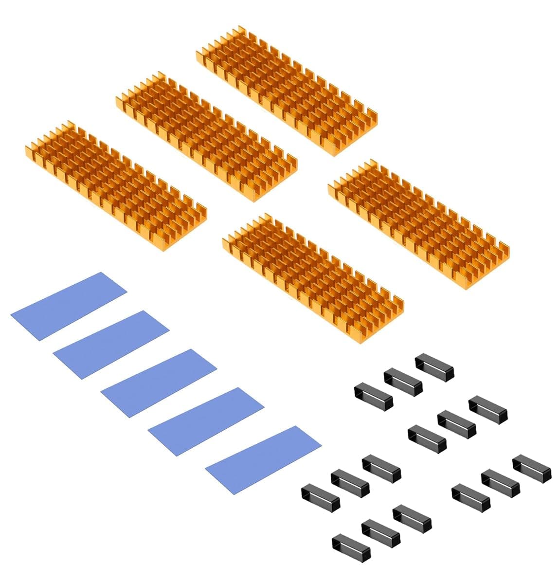 Etzin Aluminum Heat Sinks for M.2 SSD Heatsink Cooling Radiator, PCIE M.2 SSD Cooling Fin for Laptop Computer Silicone Heat Dissipation Pads + Accessories Included (Pack-of-5, Golden)