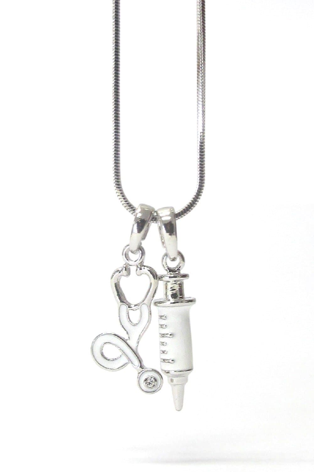 Shoppingbuyfaith MA, Doctor, Nurse Theme Pendant Stethoscope Necklace Silver and White