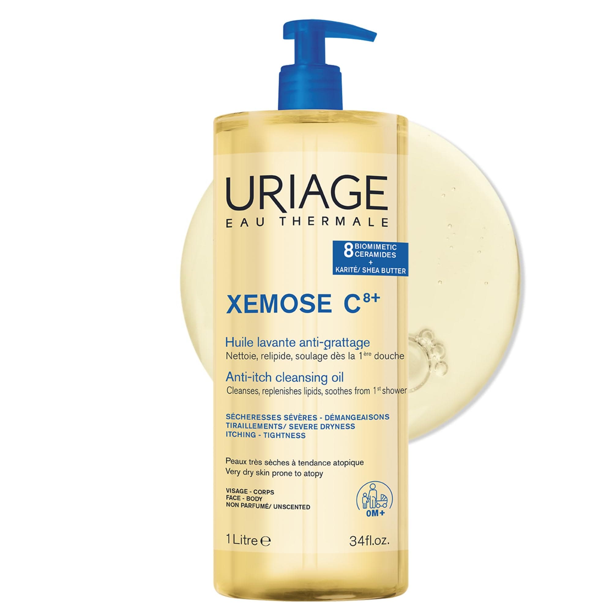 – Uriage Xemose C8+ Anti-itch Shower Oil 1L – Face & Body Wash - Very Dry Skin Prone to Atopy – Soothes from 1st application - 8 Biomimetic Ceramides & Shea Butter - Fragrance-Free