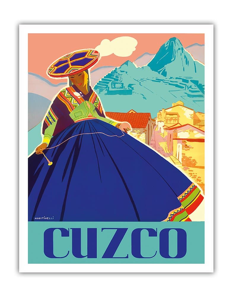 Pacifica Island Art Cuzco, Peru - Machu Picchu - Peruvian Woman in Native Dress with Andean Drop Spindle - Vintage Travel Poster by Agostinelli c.1947 - Premium Matte Paper Print 11x14in