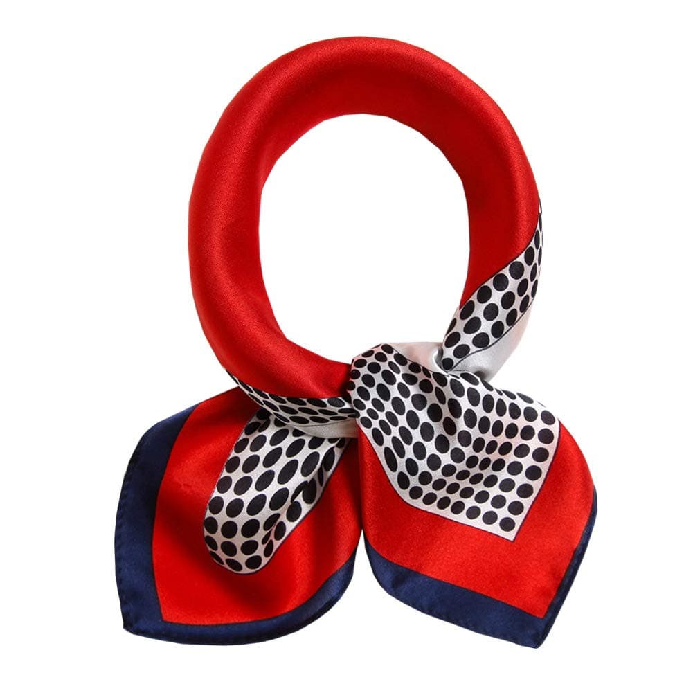 100% Small Square Pure Mulberry Silk Scarf -21'' x 21''- Lightweight Neckerchief -Digital Printed Solid Color Headscarf (Square&Dots)