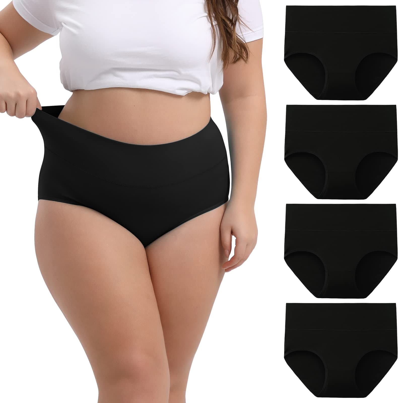 Women's Plus Size XL-5XL Cotton Underwear High Waisted Briefs Panties 4-Pack, Black, 5XL