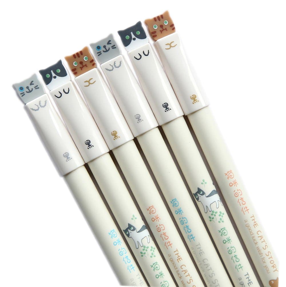 Colorful Cats Design 0.38mm Gel Pens Black Ink Pen Pack of 6 PCS