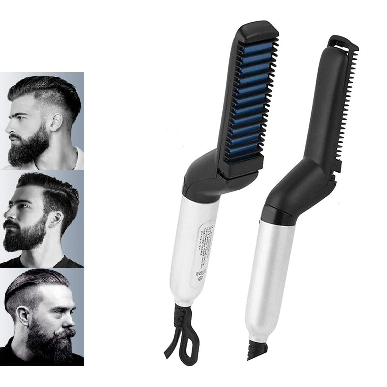 ROLAMO Electric Hair Straightener Brush, Men Quick Beard Straightner Styler Massage Comb, Hair Straightening, Curly Hair Straightening Comb, Side Hair Detangling (Black)
