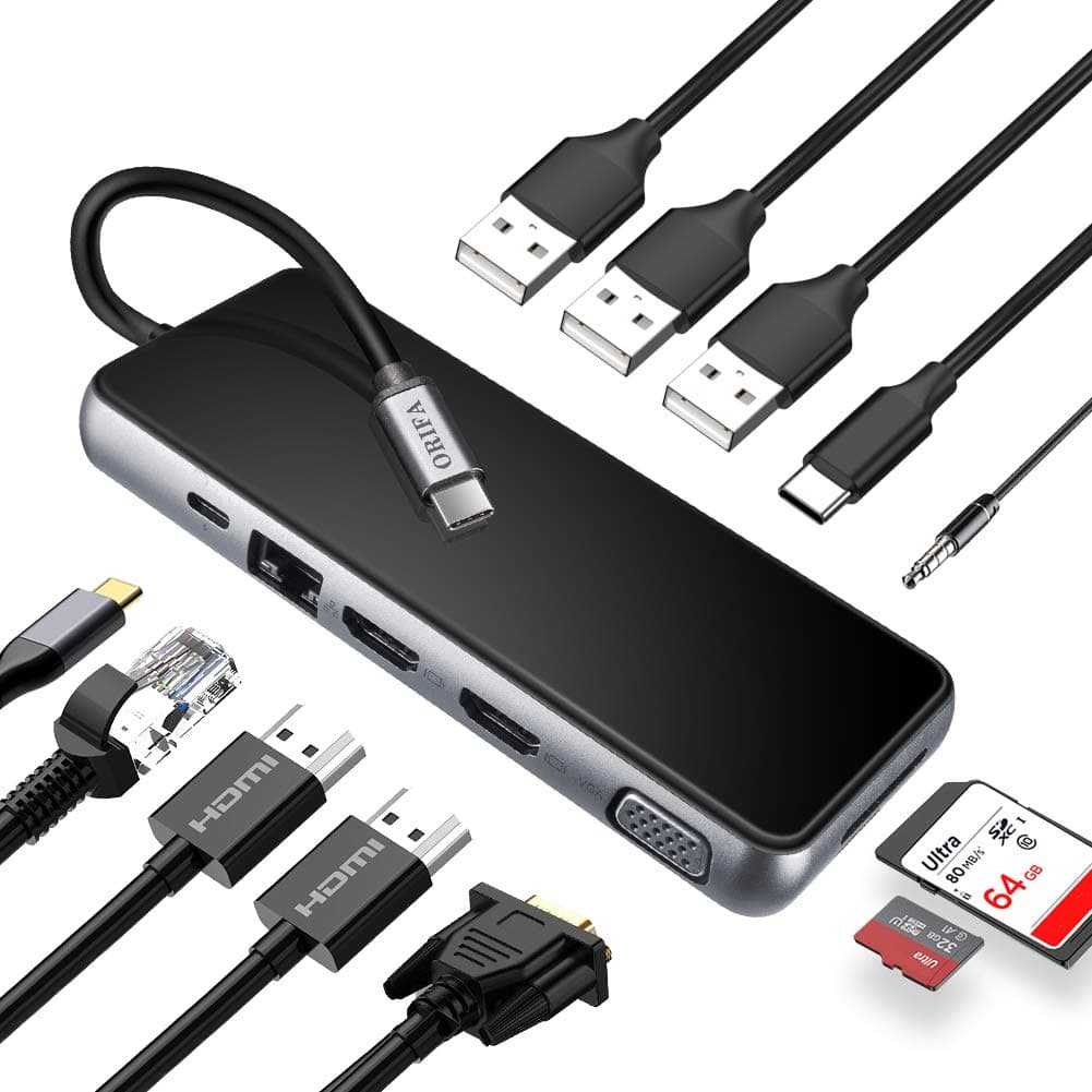 Laptop Docking Station,ORIFA 12 in 1 Triple Display Dual HDMI 4K USB C Hub for Mac & Windows System,Thounderbolt 3 Port Device(2HDMI VGA PD3.0 SD TF Card Reader Gigabit Ethernet 3USB 3.0 Ports)