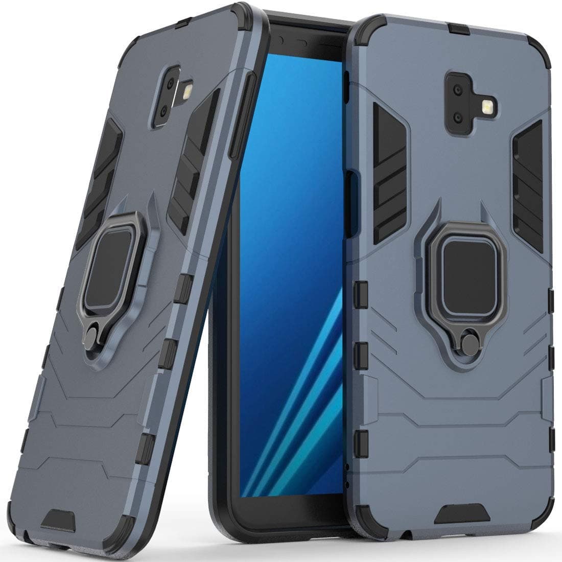 Compatible with Galaxy J6+ (2018) Case, Metal Ring Grip Kickstand Shockproof Hard Bumper Shell (Works with Magnetic Car Mount) Dual Layer Rugged Cover for Samsung Galaxy J6 Plus (Navy Blue)