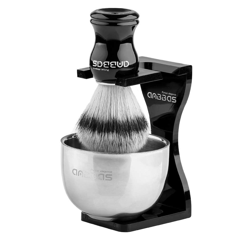Shaving Brush Synthetic Badger Hair with Stainless Steel Shaving Bowl,Black Acrylic Shaving Stand Holer for DE Razor Men Traditional Shave