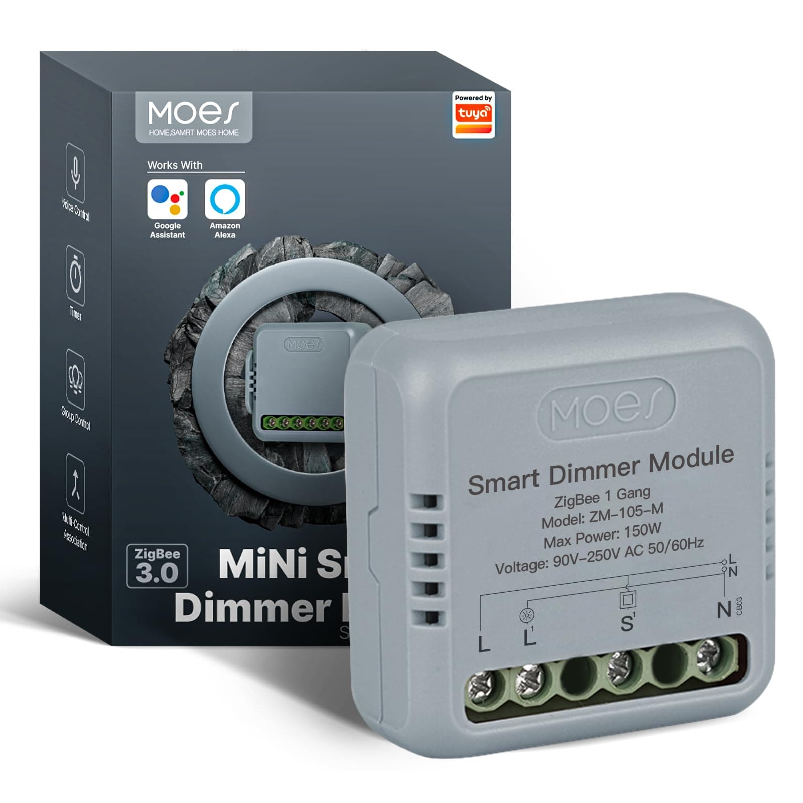 Smart ZigBee Dimmer Switch Module, Requires MOES Gateway, Mini Design, Supports App Voice Alexa Google Home Remote Control, Dual Switch Networking, Timer, Control Sharing, 1 Gang