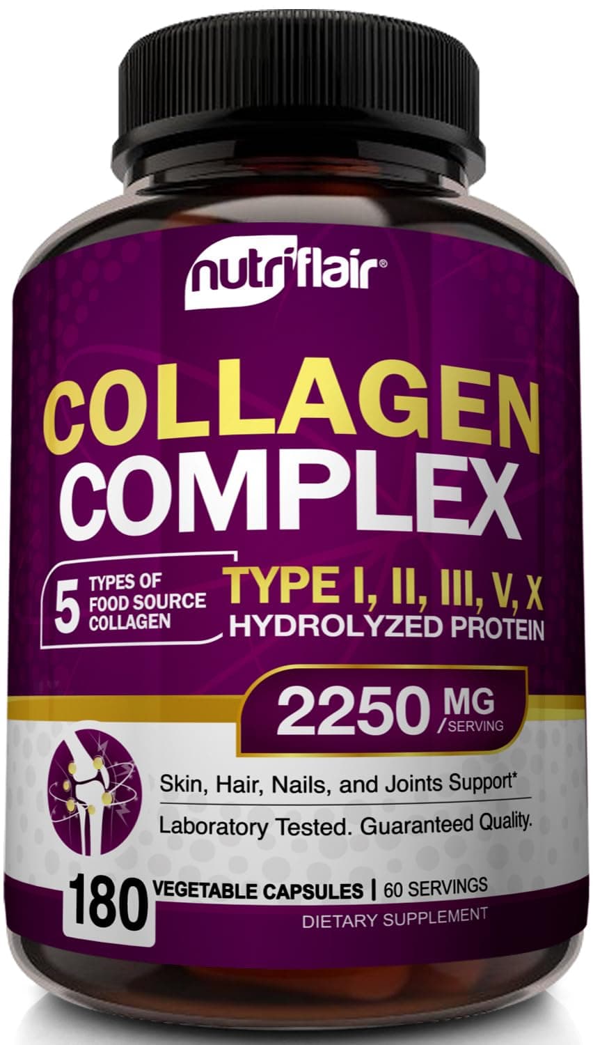 Multi Collagen Peptides 2250mg - Type I, II, III, V, X - Collagen Supplements Complex Powder Pills for Women and Men - Hydrolyzed Protein, Healthy Hair, Skin, Nails - Non-GMO (180 Capsules)