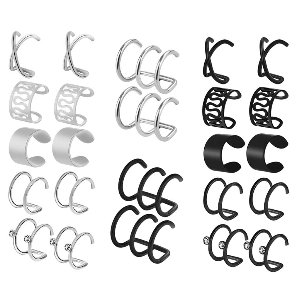 12 Pairs Earrings Set Cuff Helix Cartilage Clip Stainless Steel on Ears Non Piercing Adjustable 6 Various Styles Silver and Black for Women Girls