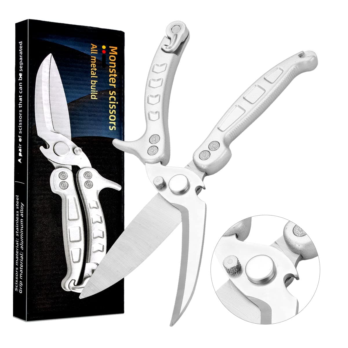 Jasni Heavy Duty Kitchen Shears, Spring Loaded Poultry Shears Stainless Steel Chef Scissors for Bone, Chicken, Poultry, Fish, Food, Meat,Spring-loaded Full Steel Handle