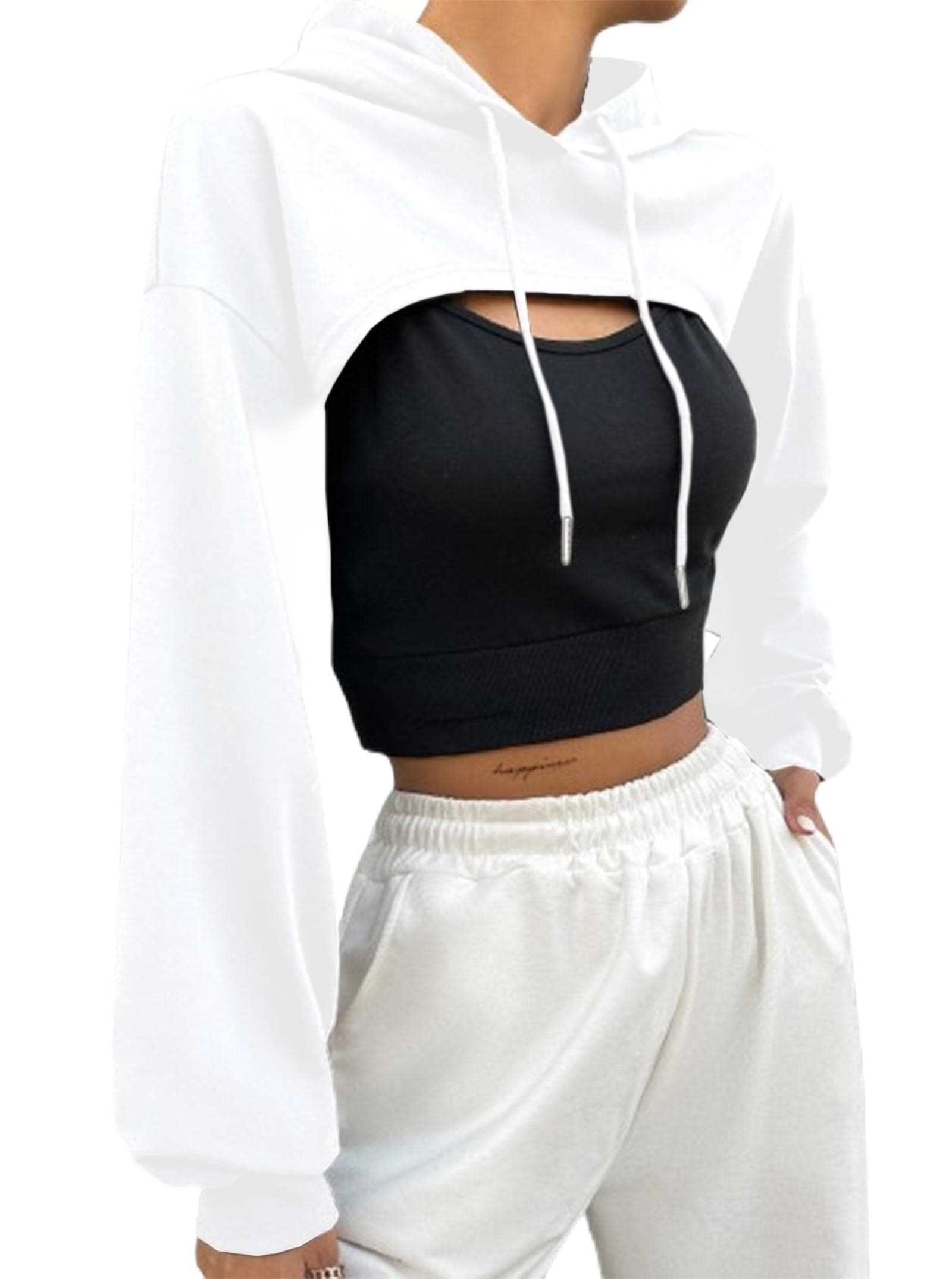 Hilinker Women's Long Sleeve Cropped Hoodie Workout Drawstring Super Crop Tops without Camisole