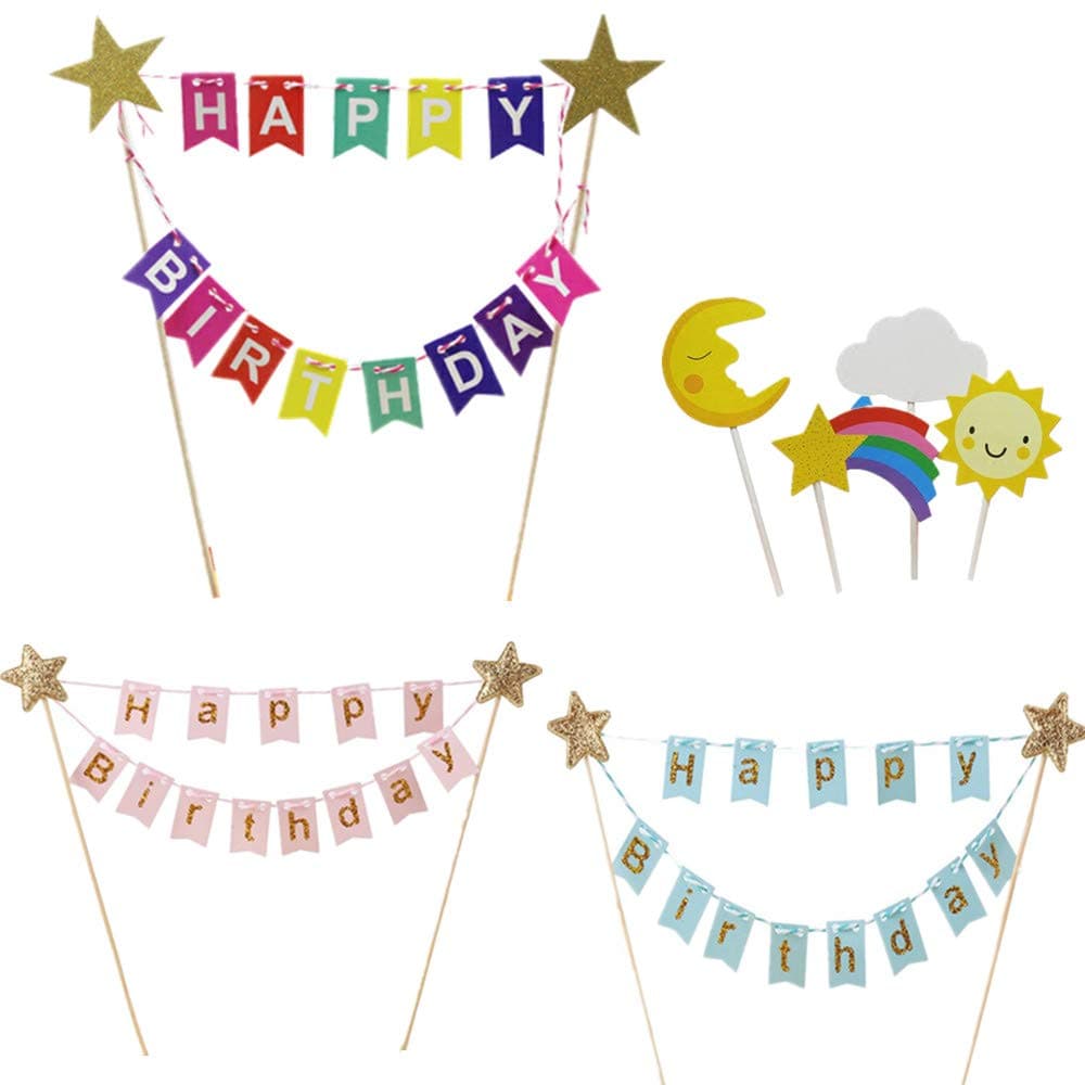 3 Pair Happy Birthday Cake Topper Cupcake Rainbow Flags Bunting Banner Party Cake Decoration for Kids Girls Boys Supplies