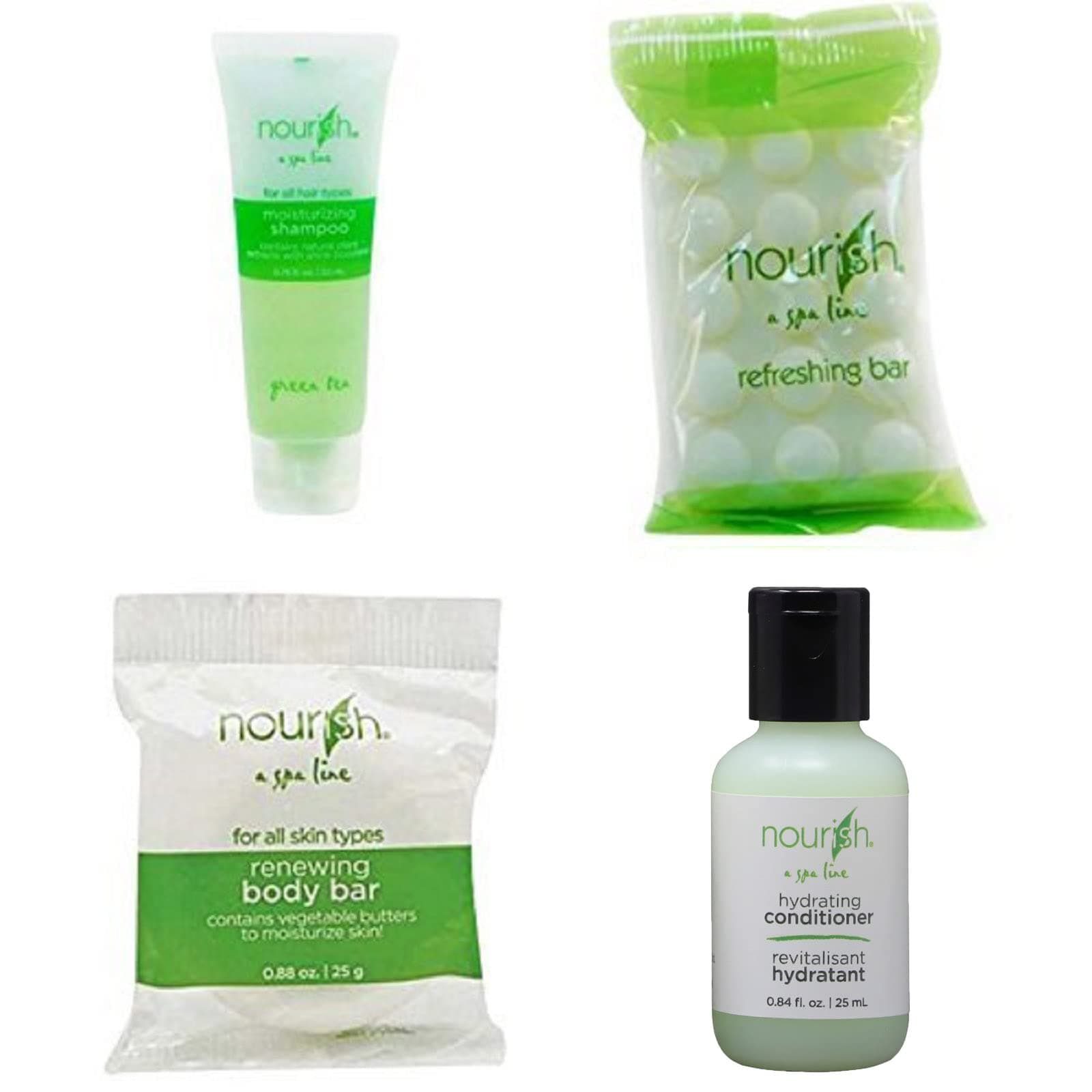Nourish Spa Line Green Tea BNB Amenity Bath & Body Sets - Soap, Shampoo, Conditioner (30 SET - 120 Pieces Total)