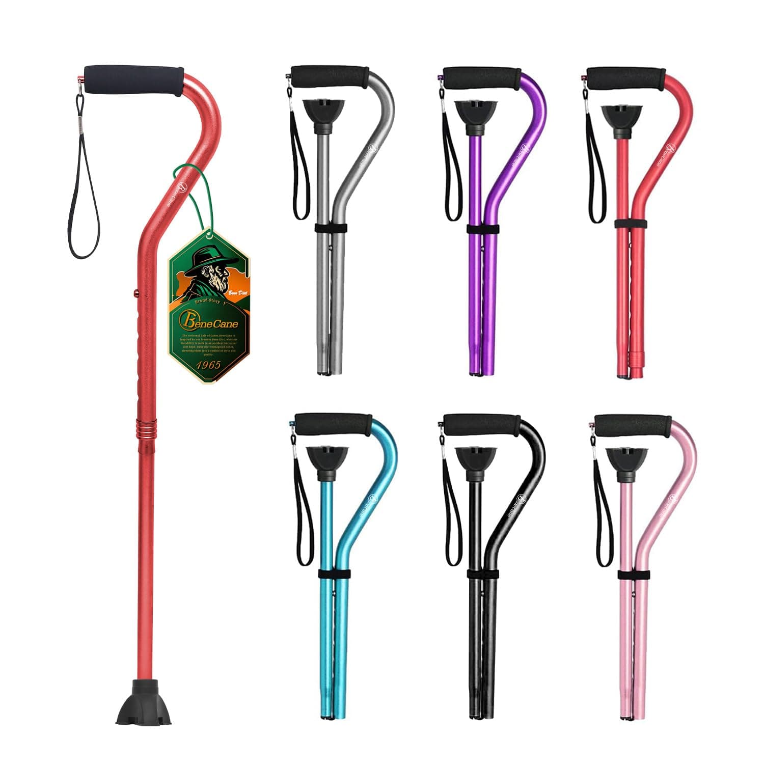 BeneCane Walking Cane for Men & Women Adjustable Cane with Offset Soft Cushioned Handle -Portable Lightweight Sturdy Mobility Walker Aid for Elderly, Seniors Collapsible Cane