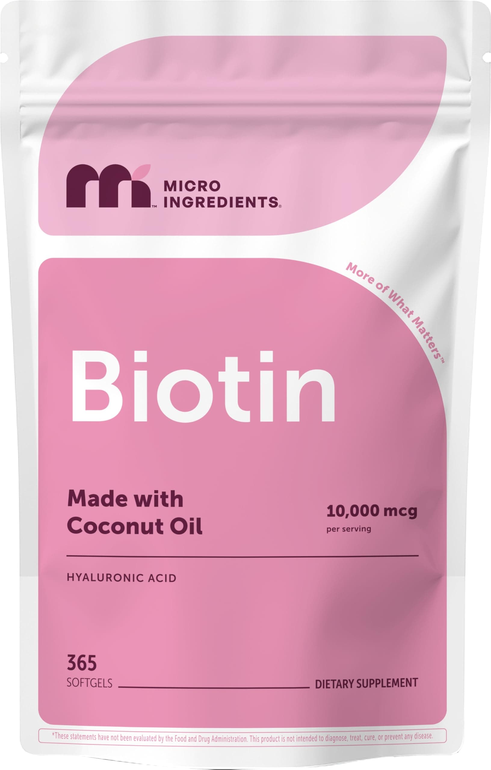 Micro Ingredients Biotin 10,000 mcg with Hyaluronic Acid 25 mg Per Serving | Made with Coconut Oil | 365 Softgels | 1 Per Day | One Year Supply | Non-GMO & Gluten Free