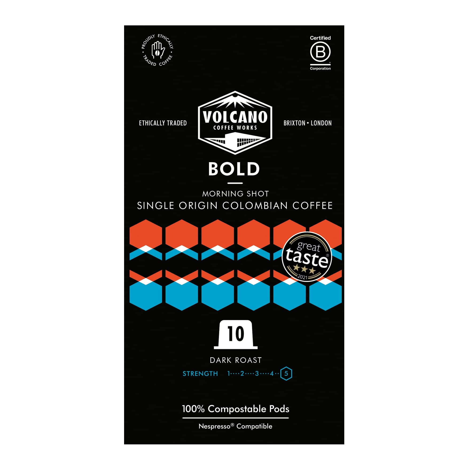 Volcano Coffee Works | Bold Morning Shot | Nespresso Compatible Eco Coffee Pods | 100% Compostable Capsules | Carbon Neutral | Colombian Origin | 10 Pack