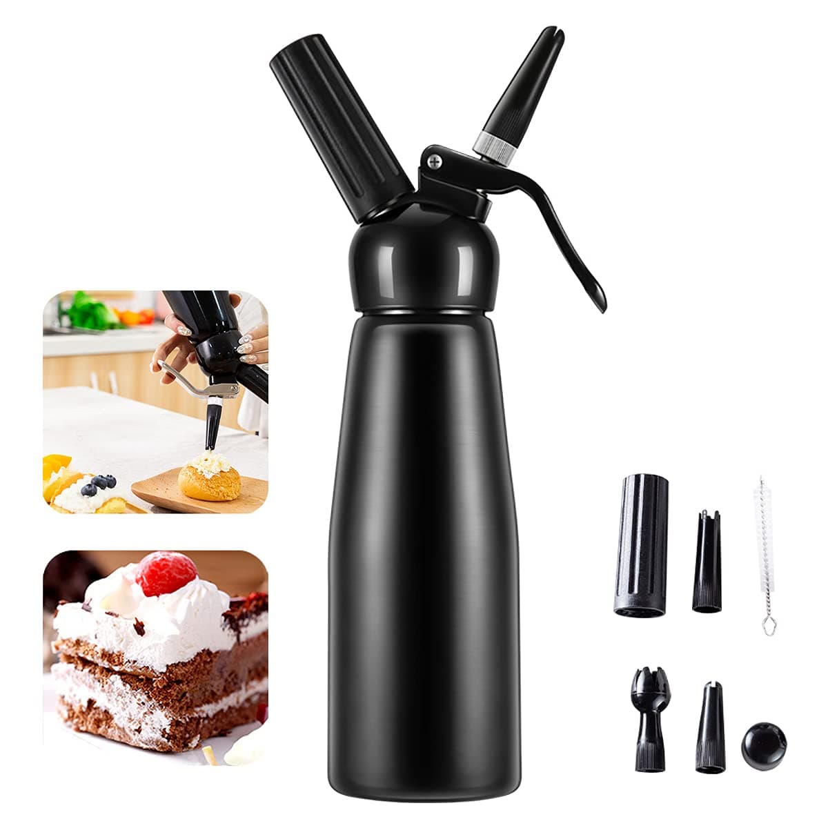 Whipped Cream Dispenser Professional Aluminum Culinary Canister Cream Whipper, Durable Stainless Steel Leak-Free Seals with 3 Decorating Nozzles Cream Foam Maker for Cake Dessert Coffee (500ml, Black)
