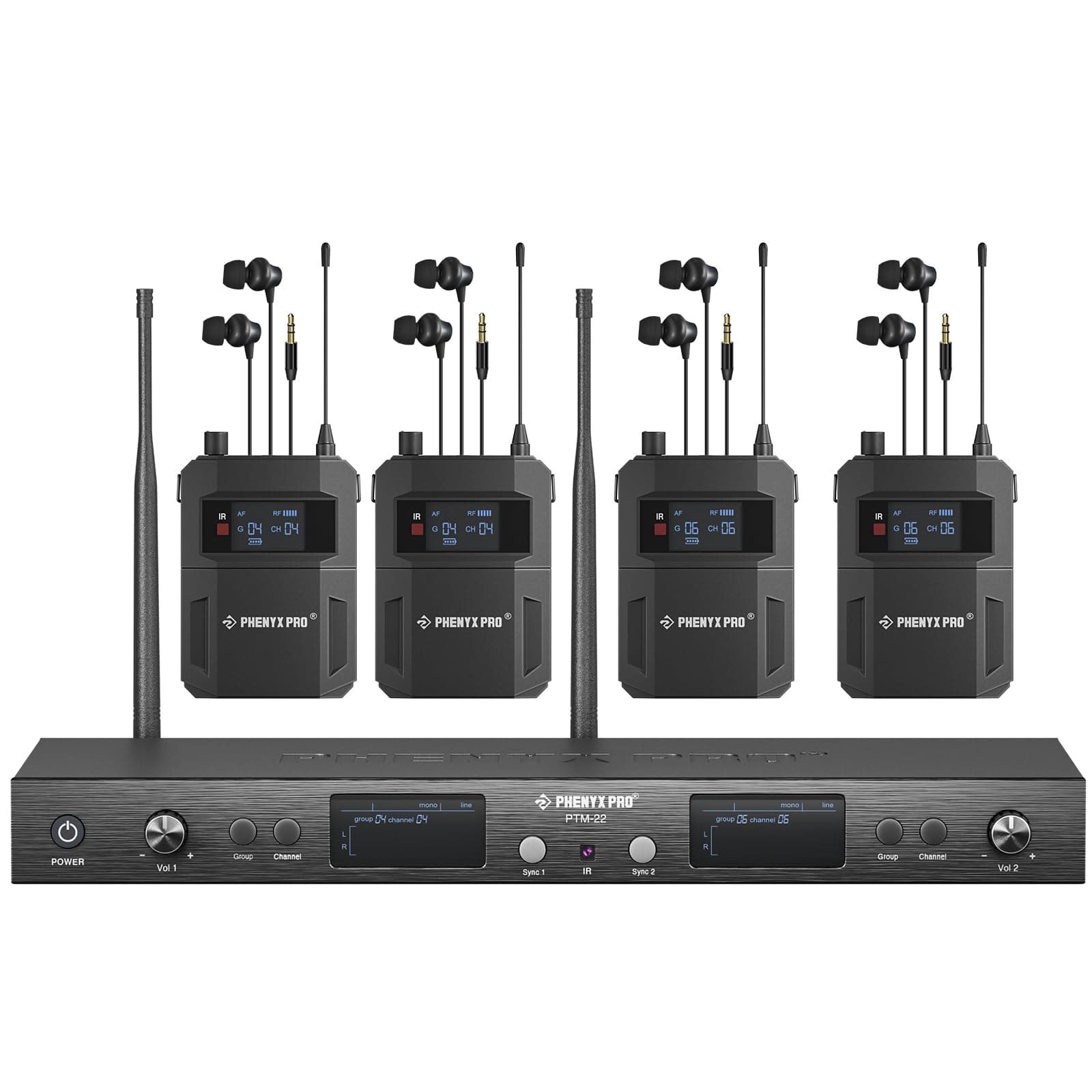 Phenyx Pro Dual-Channel Wireless in Ear Monitor System, Mono IEM System w/ 4 Bodypacks, 2x50 UHF Frequencies, Rack Mount, 164 ft Range, Wireless in Ear Monitor for Bands/Studio (PTM-22-4B)