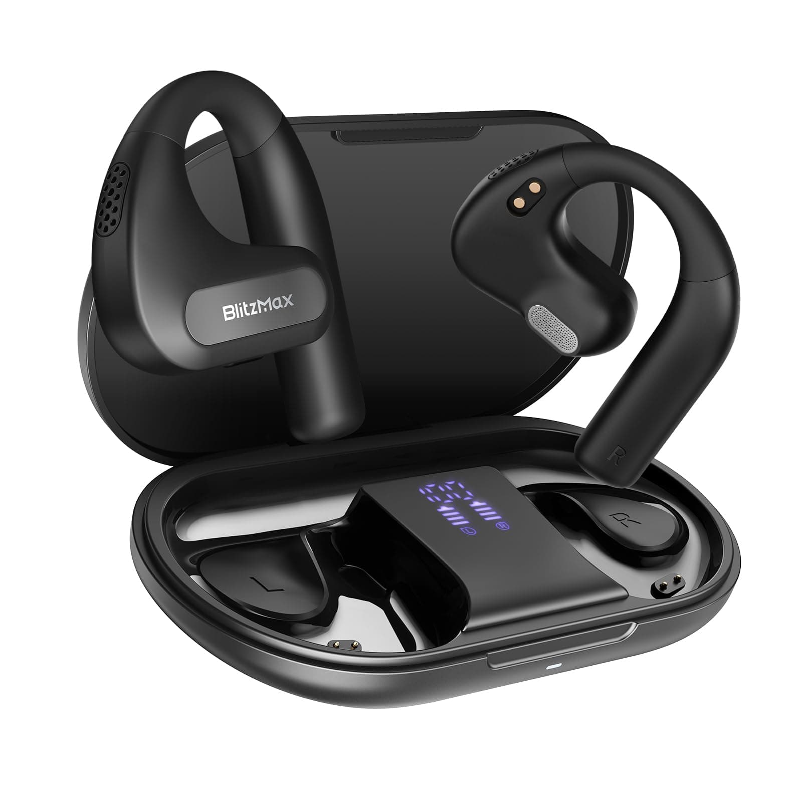 Open Ear Headphones Bluetooth 5.3, Lightweight Wireless Sports Headphones Earphones, Amplified Bass with Two, 60 Hours Operation LED Display, Adjustable Volume for Sports, Driving, Walking