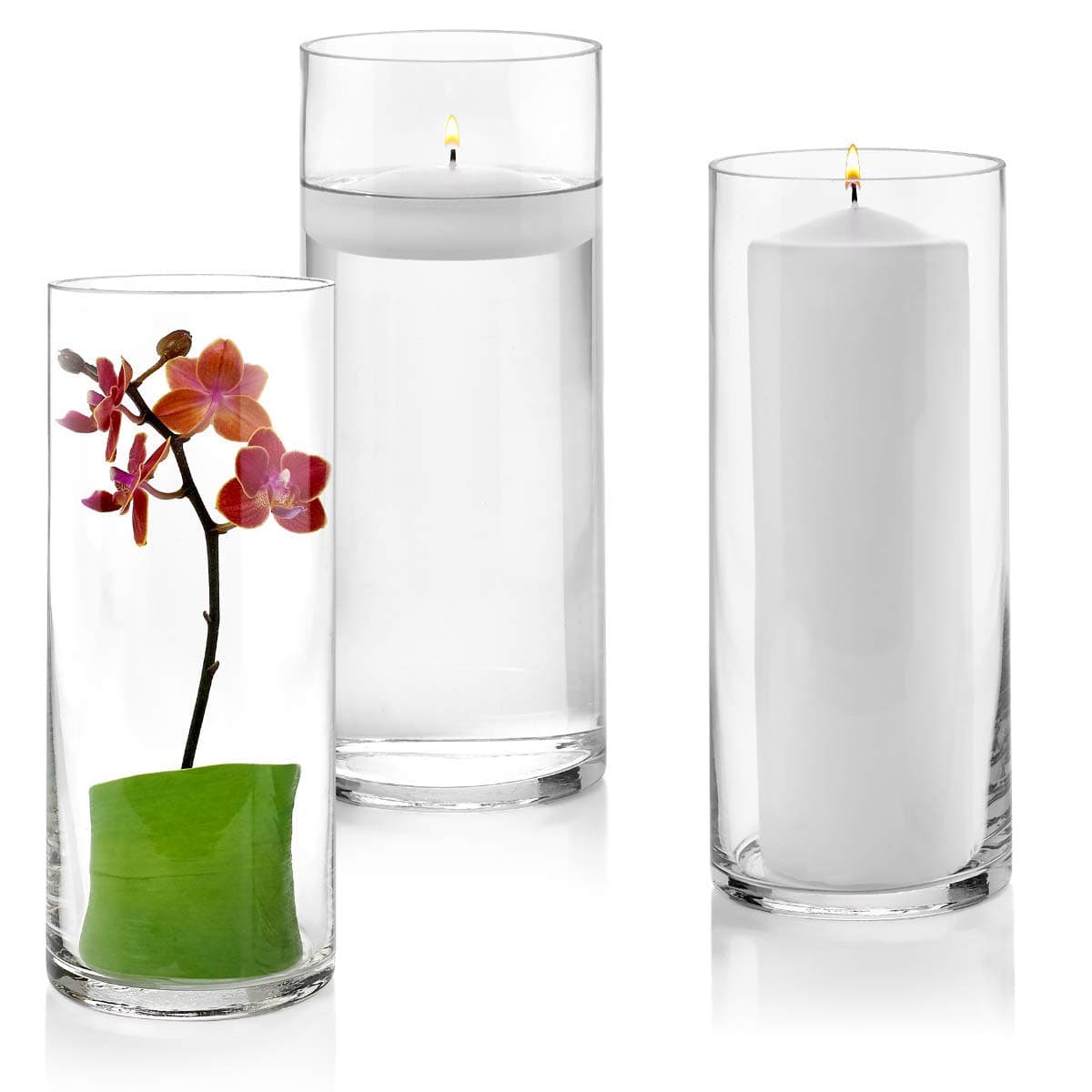 Set of 3 Glass Cylinder Vases 10 Inch Tall - Multi-use: Pillar Candle, Floating Candles Holders or Flower Vase – Perfect as a Wedding Centerpieces