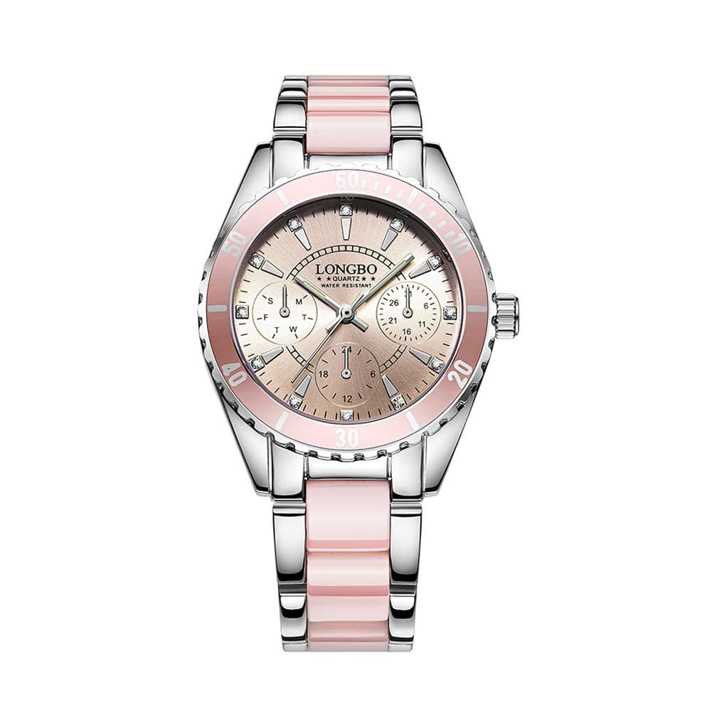 Three Eyes Ceram Steel Belt Waterproof Women Wristwatch Luminous Quartz Watch (Pink)