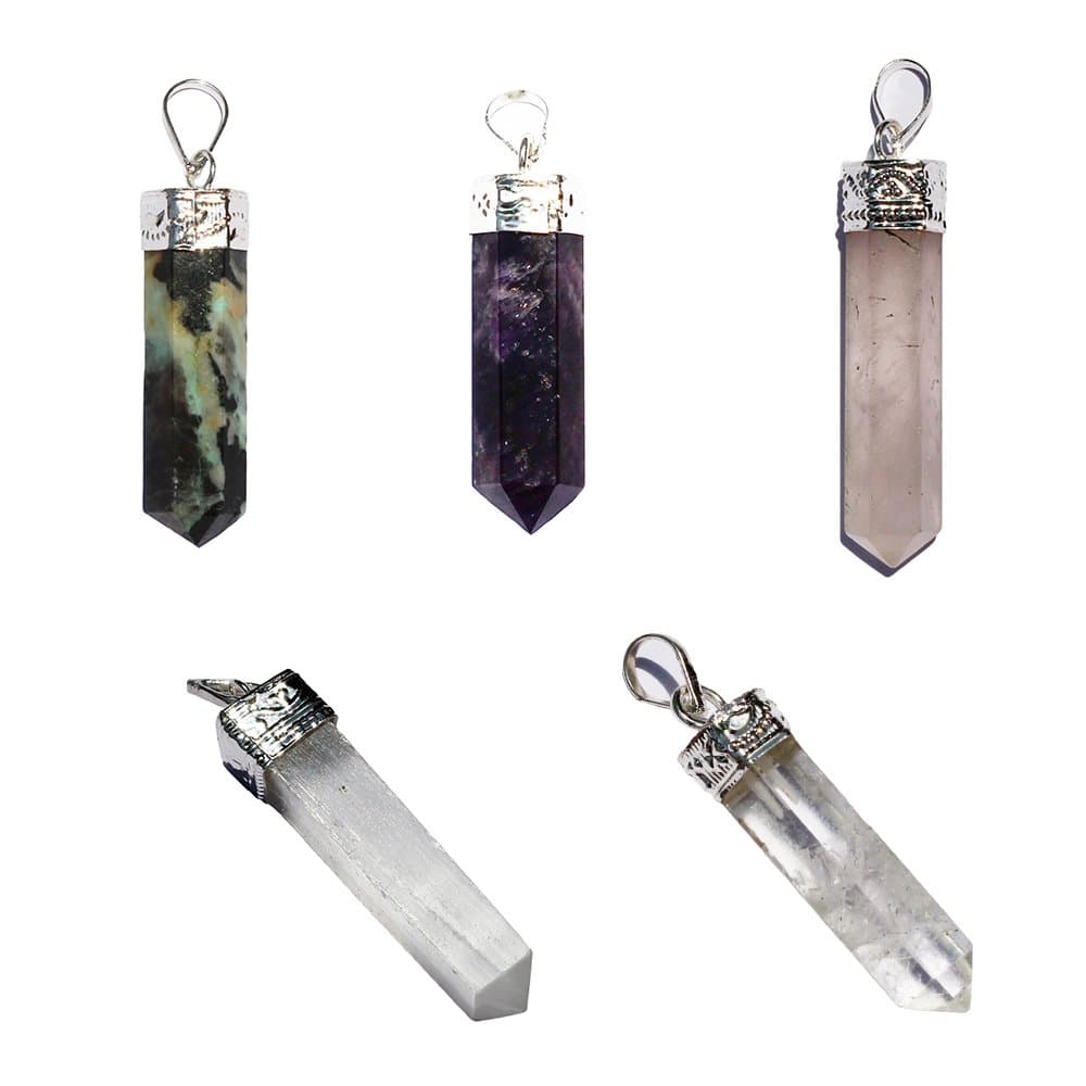 FairyBells Kart Energised Set of 5 Chrysocolla, Amethyst, Rose Quartz, Selenite, Clear Quartz Pencil Pendant
