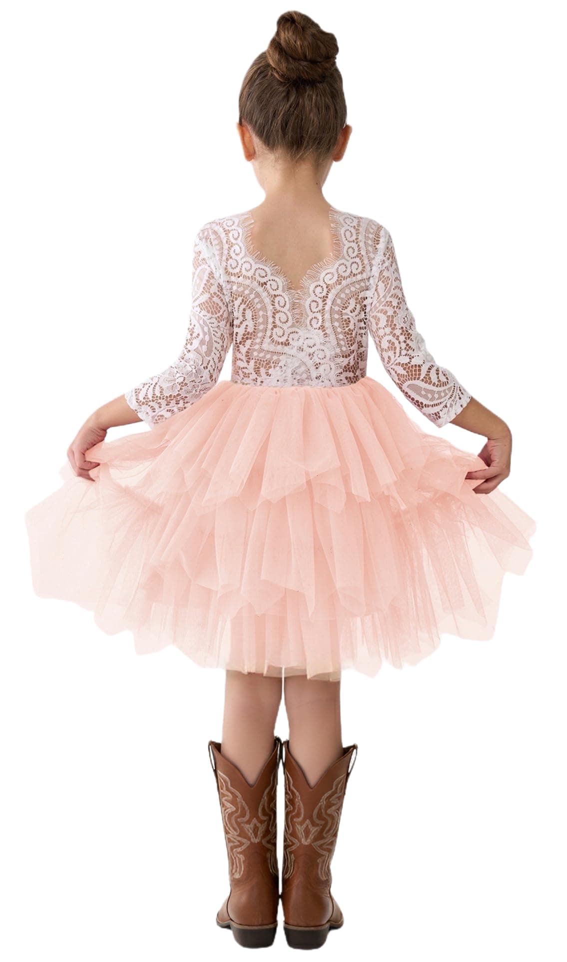 Girl Peony Lace Back A-Line Tiered Tutu Tulle Party Flower Girl Dress