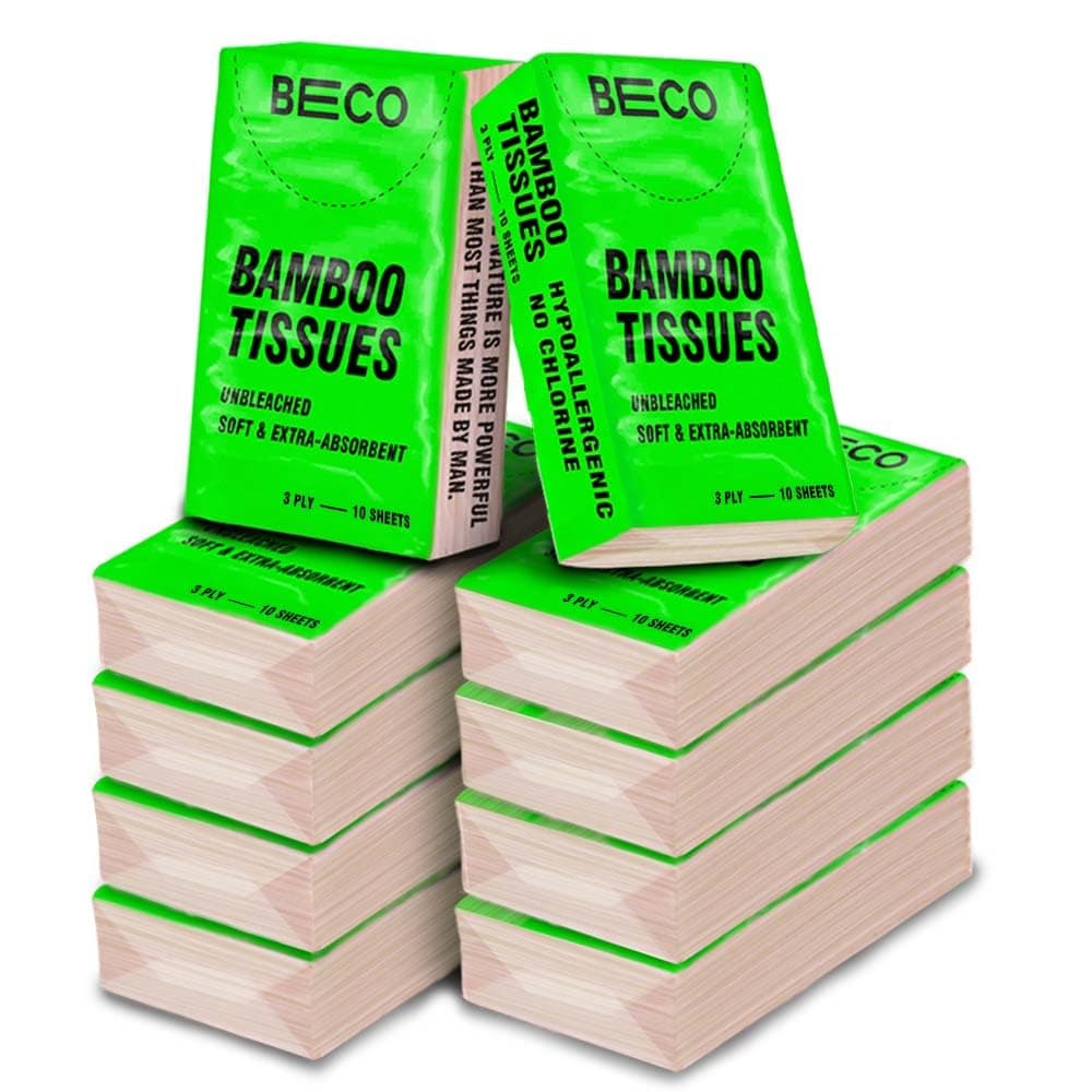 Beco Organic Ultra-Soft 3 ply Travel Tissue Packs | Pocket Tissue Papers | Pack of 10 |Prepared From Pure Bamboo Pulp | Tree-Free Tissue Papers |200 Tissues