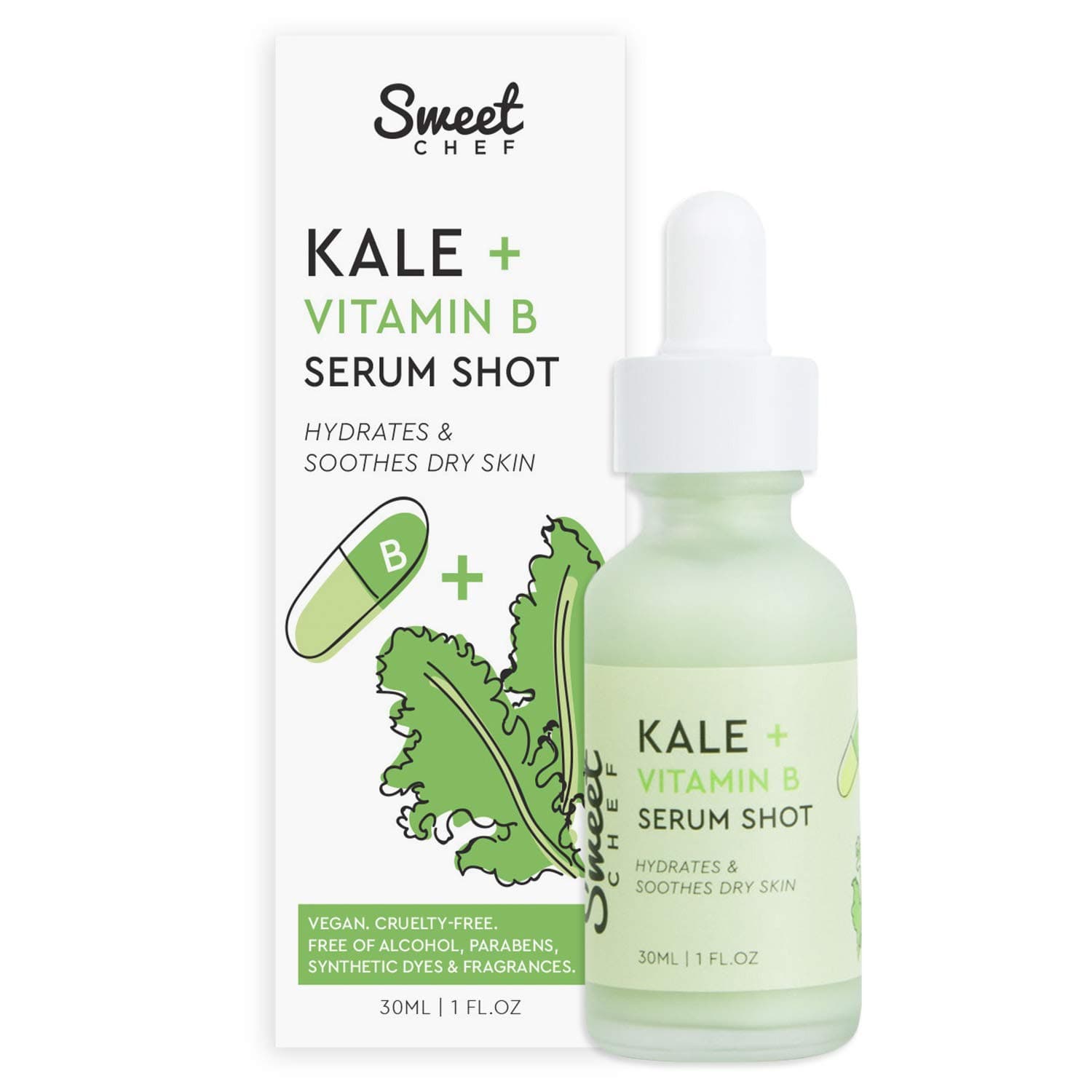 Sweet ChefKale + Vitamin B Serum Shot - Hydrating Antioxidant-Rich Facial Serum with Vitamin B + Aloe Vera for Moisturizing + Soothes Dry Skin for a Radiant Glow - Vegan (30ml / 1 fl oz)