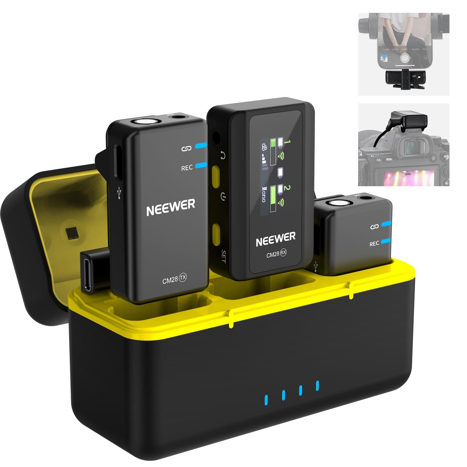 CM28 Wireless Lavalier Microphone System with Charging Case, 1 Click Noise Canceling, 4GB Storage for 9Hrs of 48KHz 16 Bit Uncompressed Audio Lapel Mic Compatible with iPhone/Android/PC/Camera