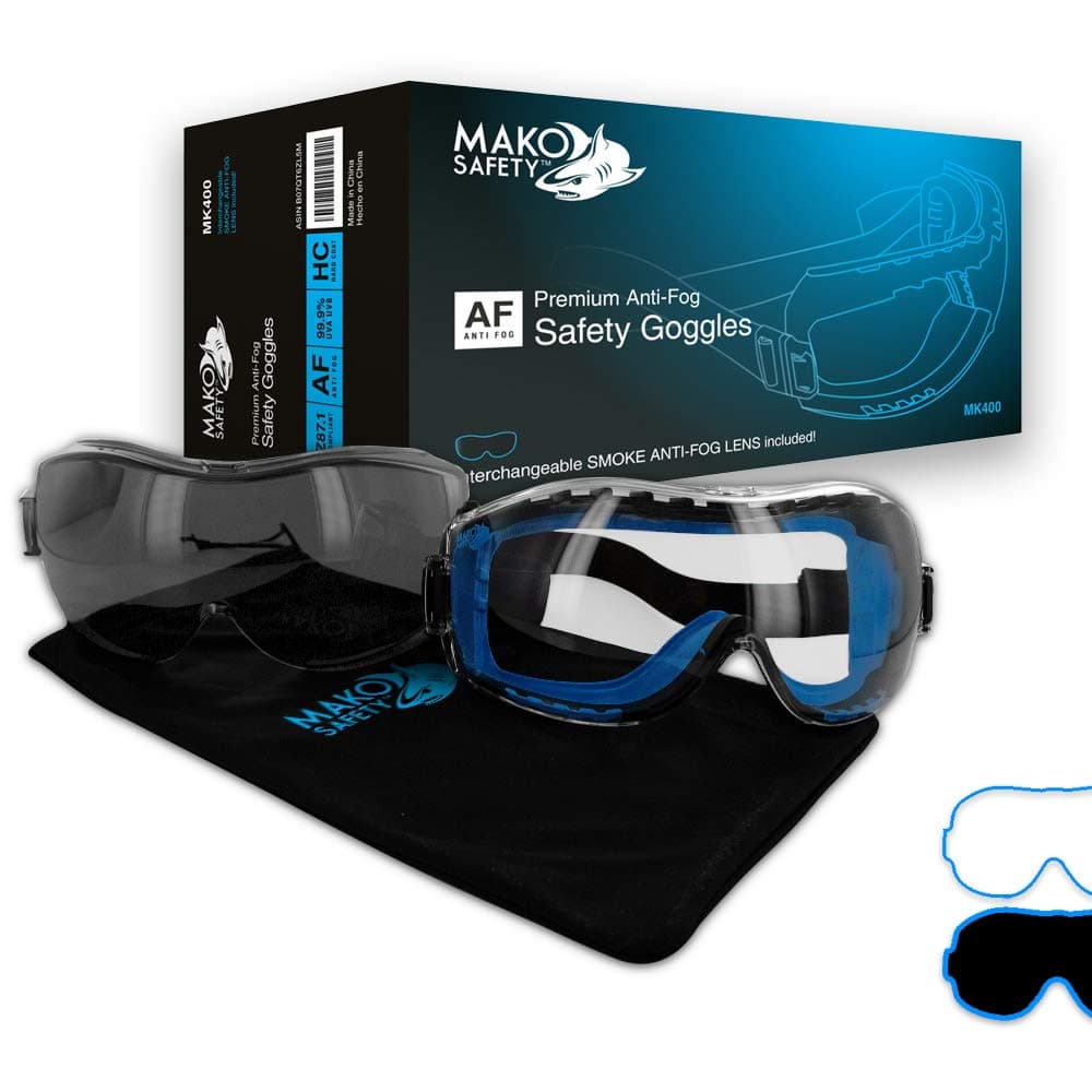 MAKO Safety Premium Anti-Fog Dual Lens Safety Goggles, 2 Pairs, One Size, 1 Smoke Lens & 1 Clear Lens Included, MK400