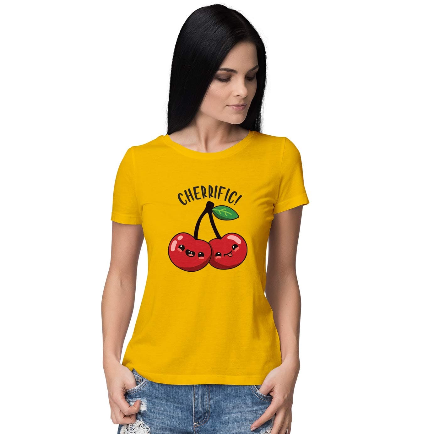 House Of Tees | Cherrific! T-Shirt | 100% Cotton Round Neck | Available in Ice-Blue, Grey, Yellow & White | for Female | Sanitized Packaging