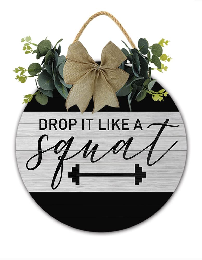 TYmall Wooden Welcome Sign For Front Door Home Gym Sign Decor Drop It Like A Squat Inspirational Workout Room Motivational Fitness Home Gym Decoration Wall Art Gifts for Women Men 30cm
