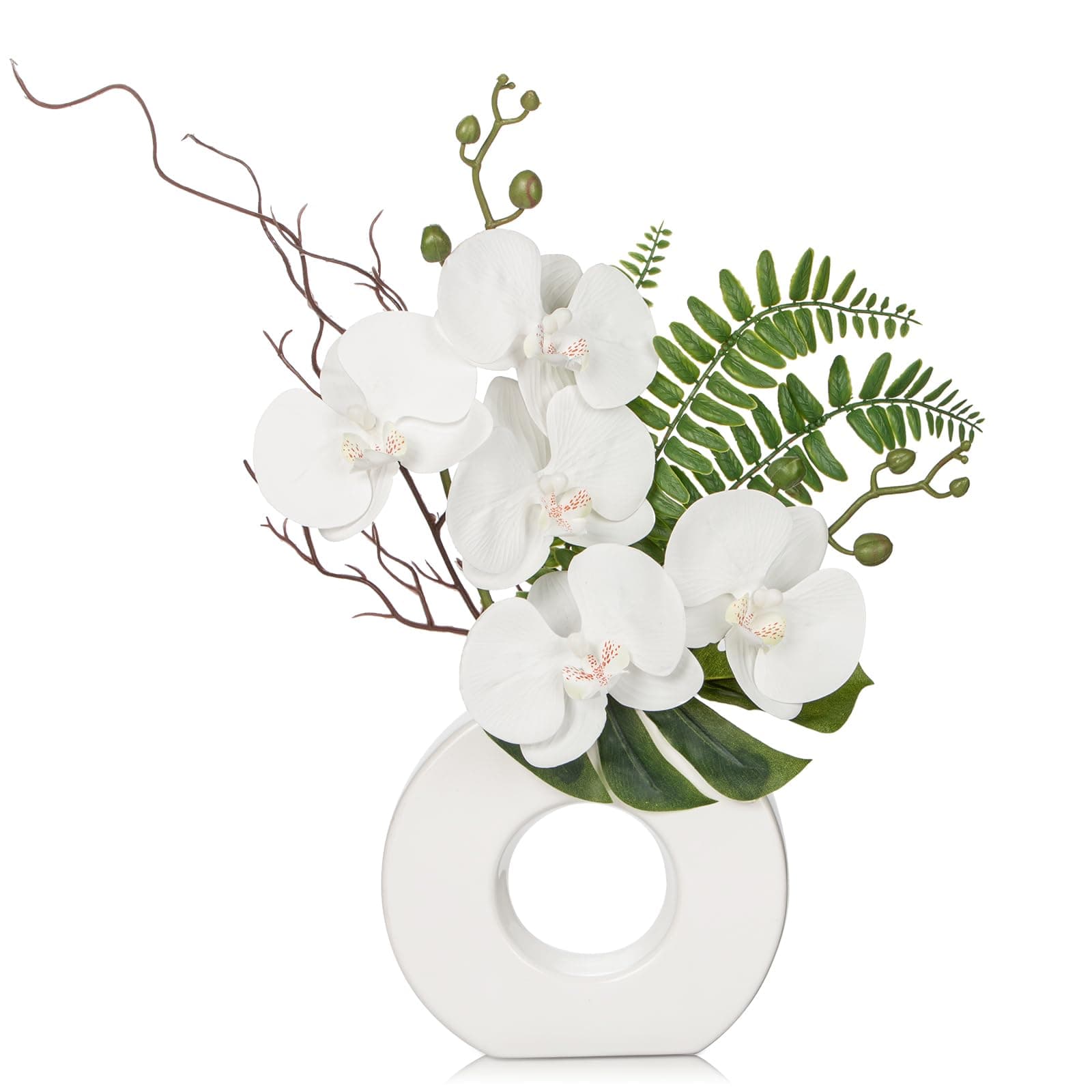 Briful Orchid Artificial Flowers 16.1'' White Orchid Silk Flowers with Ceramic Vase Faux Orchid Arrangement for Home Office Table Centerpiece Indoor Decoration
