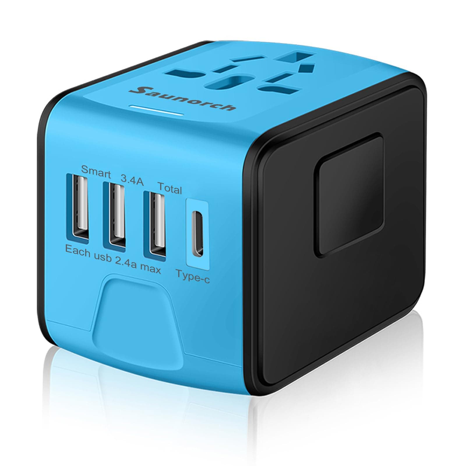Travel Adapter Worldwide, Universal International Power Plug Adapter W/2.4A 3xUSB-A and 3.0A Type-C Wall Charger, European Travel Plug Adapter for Europe UK EU US CA AU Italy Asia-Blue