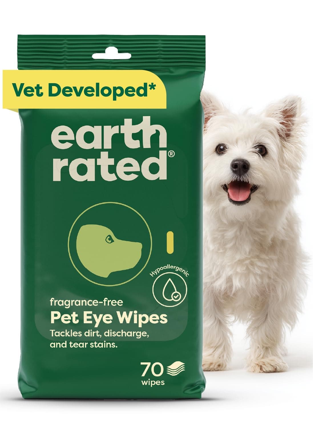 Earth Rated Vet-Developed Pet Eye Wipes, Hypoallergenic Cleaner for Dogs & Cats Eyes to Remove Dirt & Discharge, Fragrance Free, 70 Count