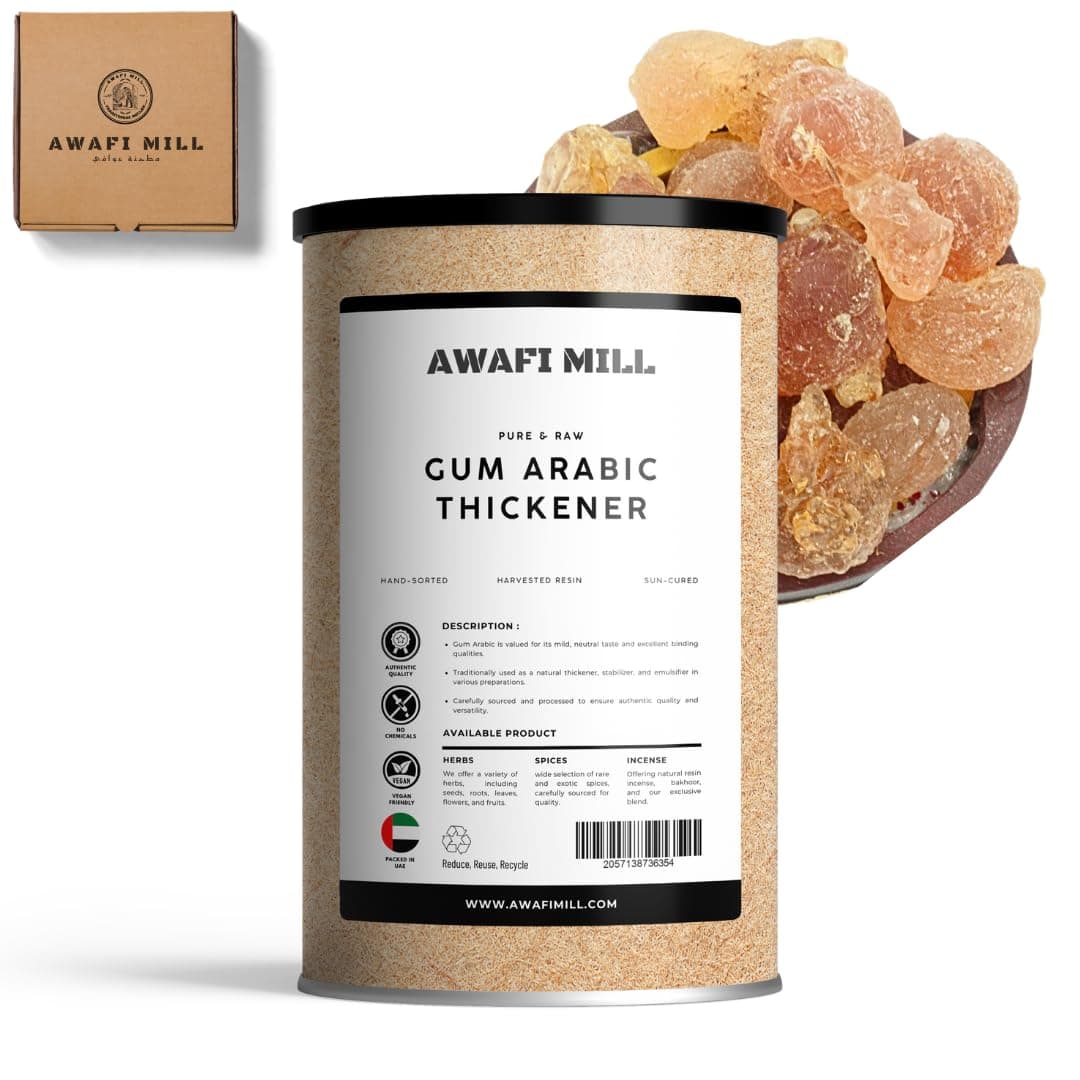 Awafi Mill Gum Arabic Thickener - Pure Food Grade Natural Gum | Large and Beautiful | Culinary Grade Gum Acacia for Thickening Soups, Sauces, Beverages - 250 g | 9 Oz