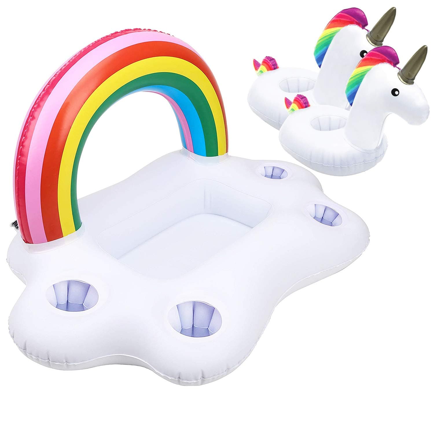 INTVN 1 Pcs Inflatable Pool Float + 2 Pcs Inflatable Drink Holder Unicorn Pool Cup Holders, Inflatable Float Toy with Rapid Valves for Pool Party Water Fun