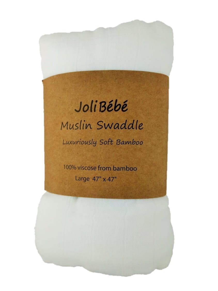 JoliBebe Baby 100% Bamboo White Muslin Swaddle Blanket - Unisex For Baby Boy Or Girl - Large 47x47 inch Silky Soft For Swaddling Newborn In Comfort - Great Baby Shower Gift