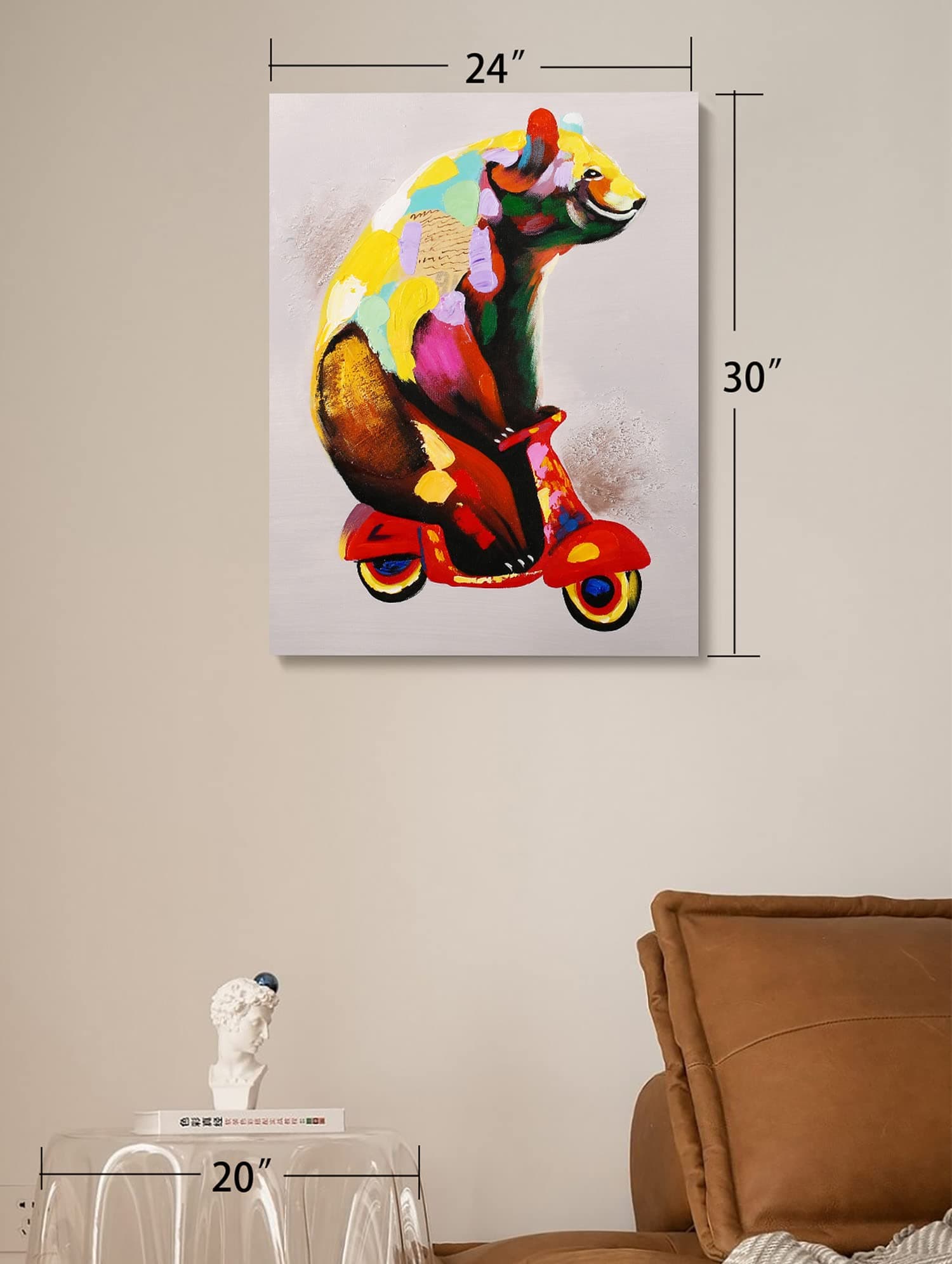 Modern Animal Pop Art - Framed - Bear on Tiny Motorcycle Canvas Print Home Decor Wall Art, Gallery Wrap Inner Frame, 24x24