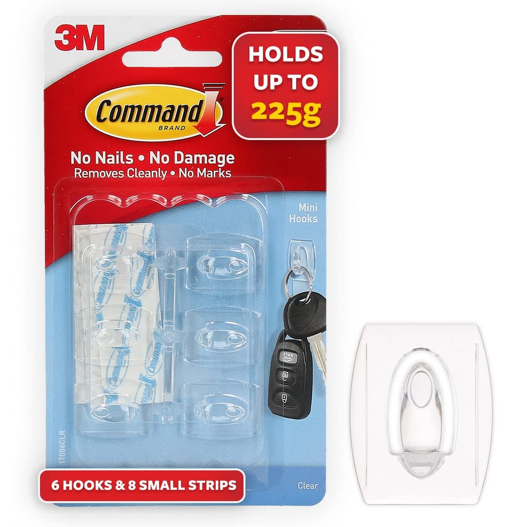 - 3M Command Clear Mini Wall Hooks, holds 225gms, no paint damage, Holds Strongly, Adhesive hooks for wall, Reusable, Multi-surface (Transparent, 6 hooks, 8 strips)