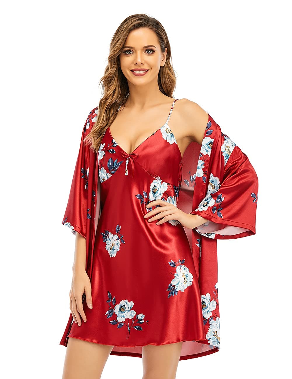 Women's Silk Satin Pajamas Sets 2Pcs Floral Silky Pj Robe Set with Chemise Nightgown