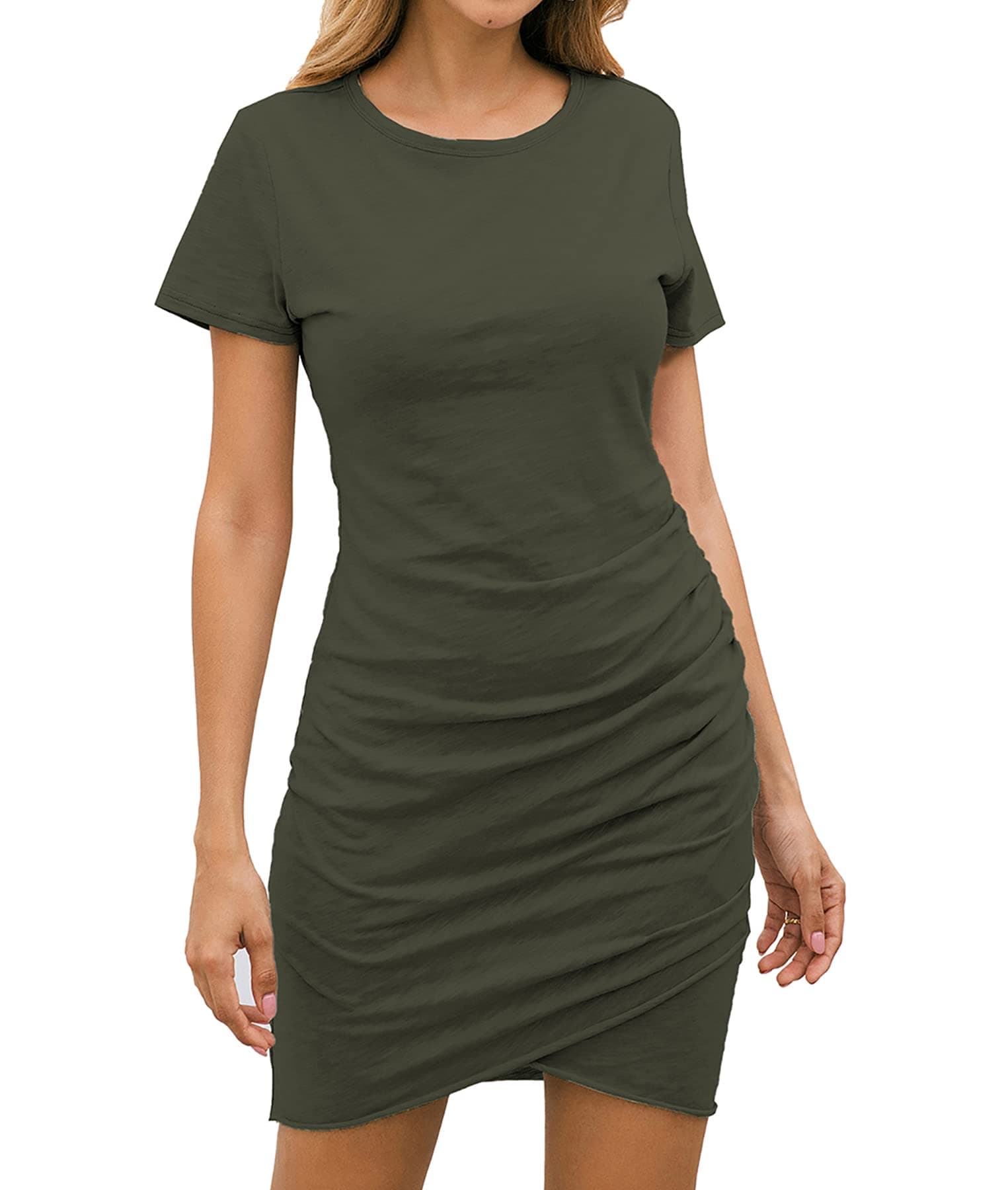 BTFBM Women's 2021 Casual Crew Neck Short Sleeve Ruched Stretchy Bodycon T Shirt Short Mini Dress (Solid Color Army Green, Small)