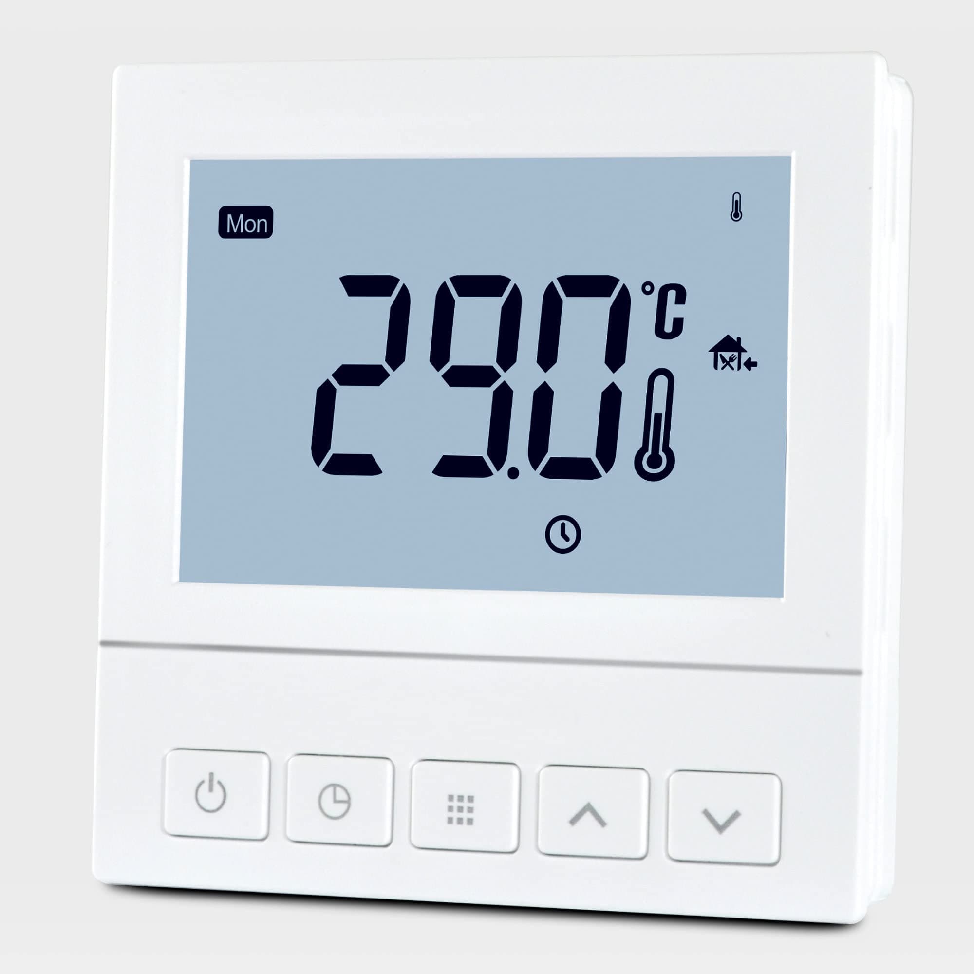 Electric Underfloor Heating Thermostat Programmable 16 AMP Room Stat with Floor Sensor Push Button in White Includes Kudos-Trading UK Next Working Day Prime delivery.
