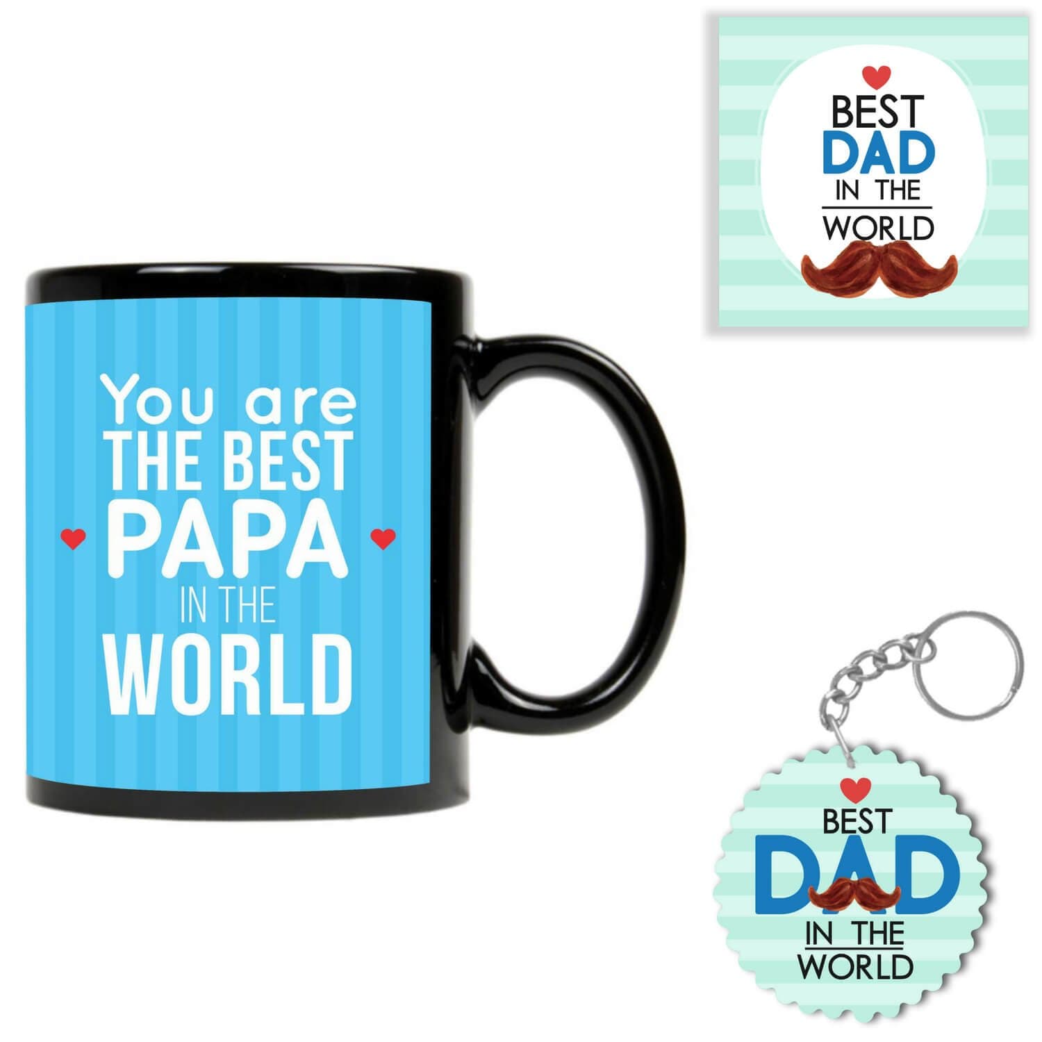 Giftsmate Ceramic Best Papa in The World Mug, Coaster, Keychain, Coaster - 4 x 4 Inches, Keychain -2.5 x 2.5 Inches, 3 Piece.