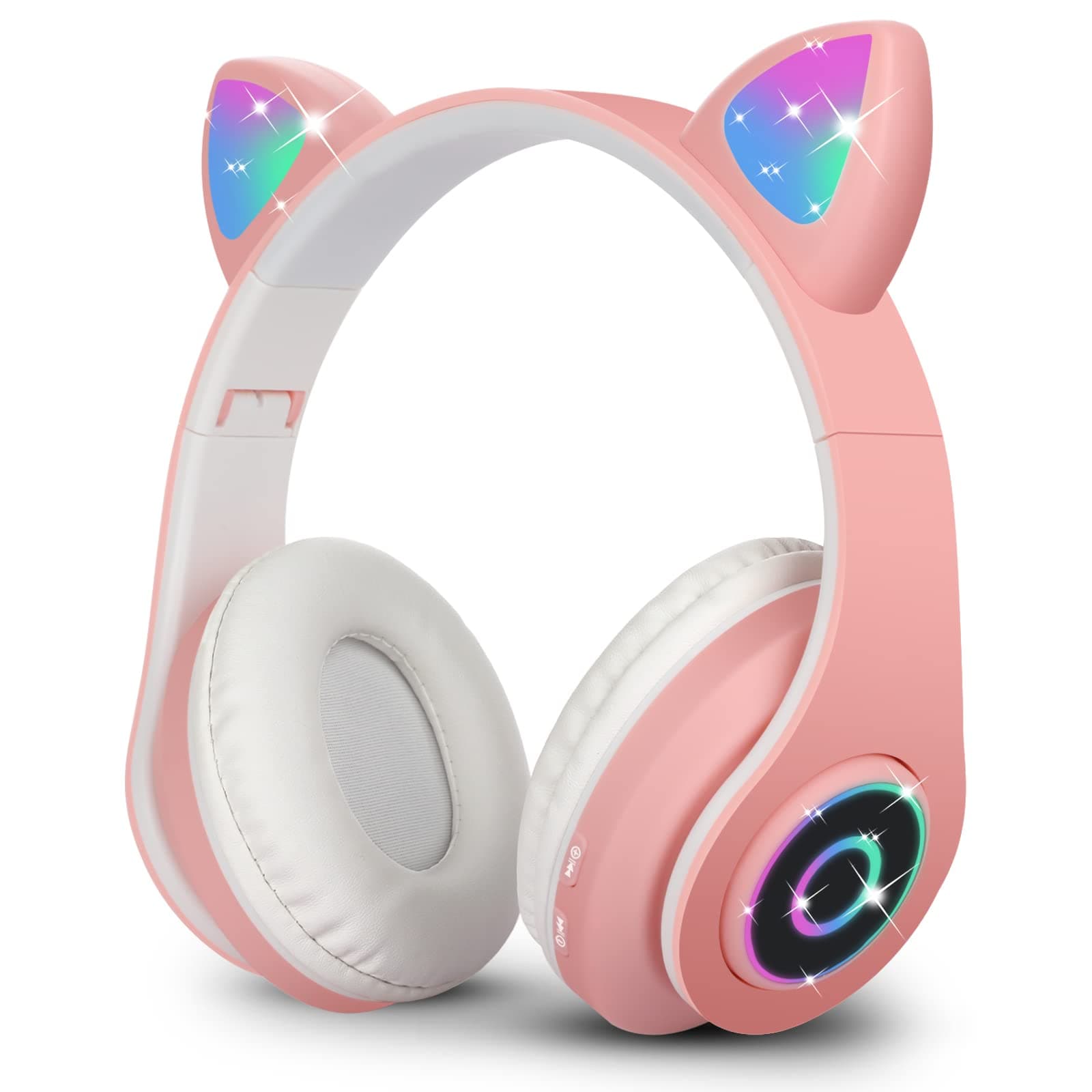 Wireless Headphones for Kids Adults, Over Ear Cute Cat Ear Earphone with Flashing Lights Built-in Mic Bluetooth Headphones for Kids Girls Boys(Pink)